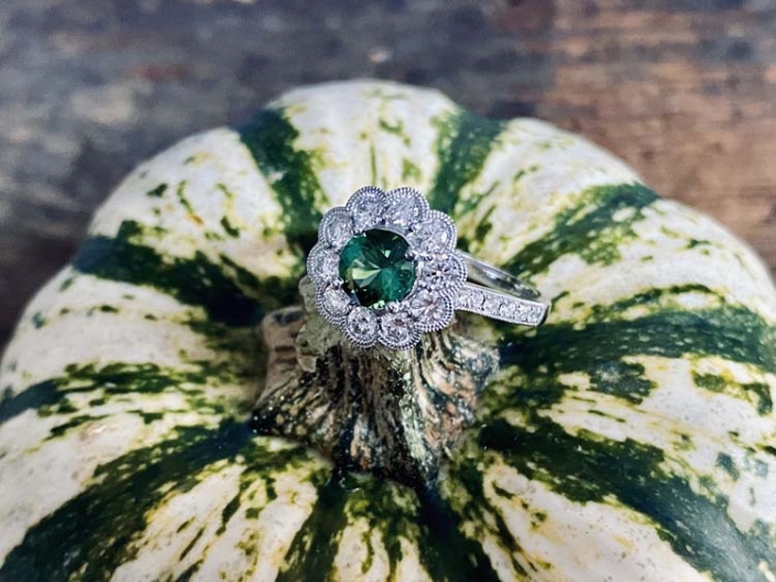 18K White Gold Maine Green Tourmaline Diamond Ring